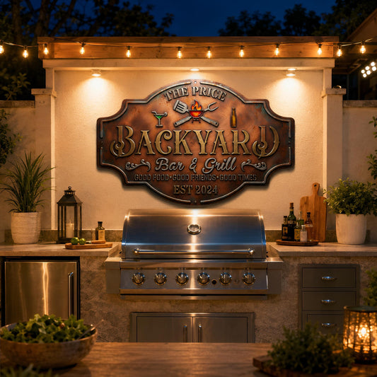 Personalized Backyard Bar & Grill Metal Sign, Custom Family Name BBQ Decor, Outdoor Patio Wall Art, Grilling Gift