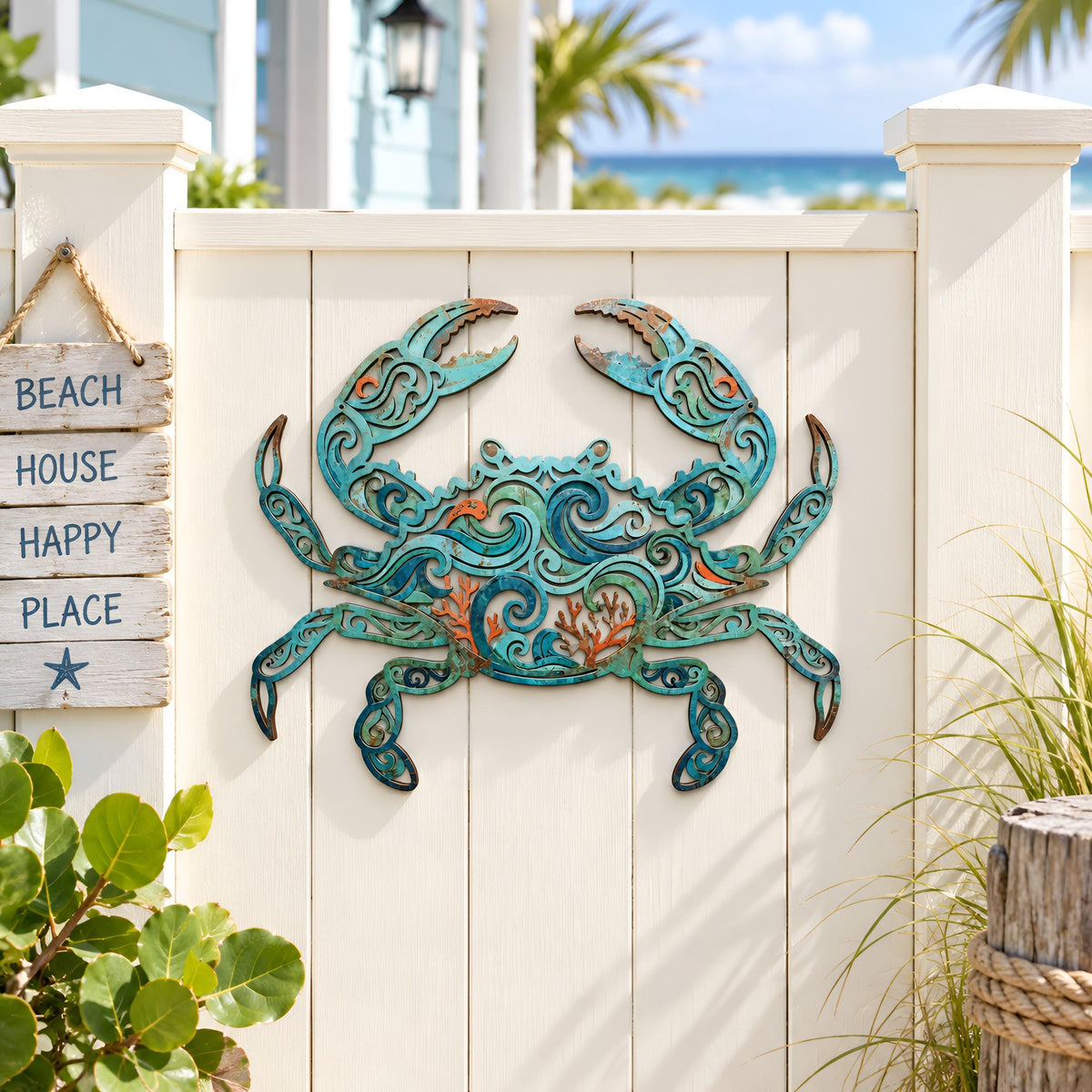 Blue Crab Metal Wall Art, Coastal Beach House Decor, Ocean Crab Wall Hanging, Nautical Outdoor Patio and Fence Decor, Crab Lover Gift