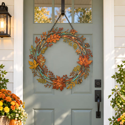 Autumn Metal Wreath, Fall Leaf Door Decor, Colorful Maple Leaves Wall Art, Rustic Harvest Front Door Hanging, Nature Gift