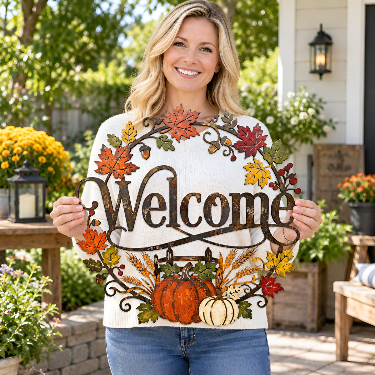Fall Welcome Metal Sign, Autumn Pumpkin Door Decor, Maple Leaf Wall Art, Rustic Harvest Porch Sign, Thanksgiving Home Decor