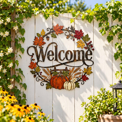 Fall Welcome Metal Sign, Autumn Pumpkin Door Decor, Maple Leaf Wall Art, Rustic Harvest Porch Sign, Thanksgiving Home Decor