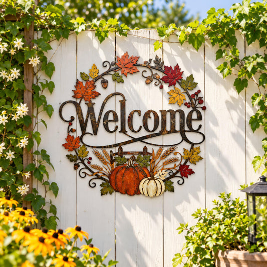 Fall Welcome Metal Sign, Autumn Pumpkin Door Decor, Maple Leaf Wall Art, Rustic Harvest Porch Sign, Thanksgiving Home Decor