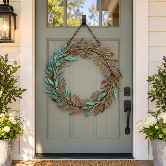 Metal Leaf Wreath, Rustic Front Door Decor, Turquoise Botanical Wall Art, Farmhouse Porch Hanging, Outdoor Metal Wreath