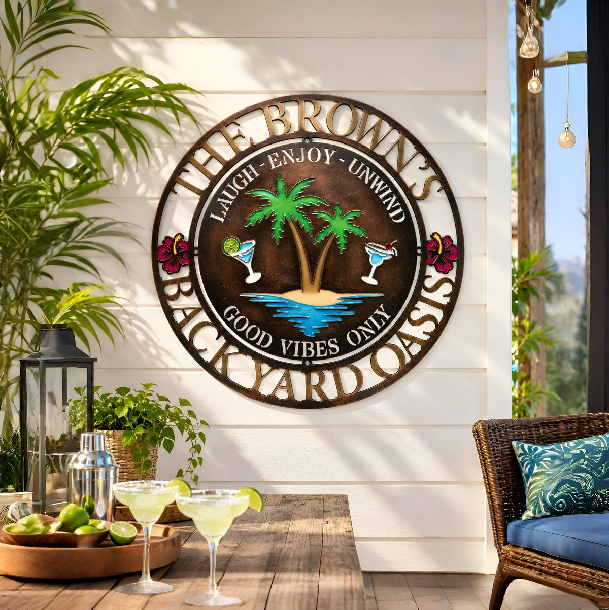 Personalized Backyard Oasis Metal Sign, Custom Family Name Wall Art, Tropical Palm Tree Patio Decor, Outdoor Pool Bar Sign
