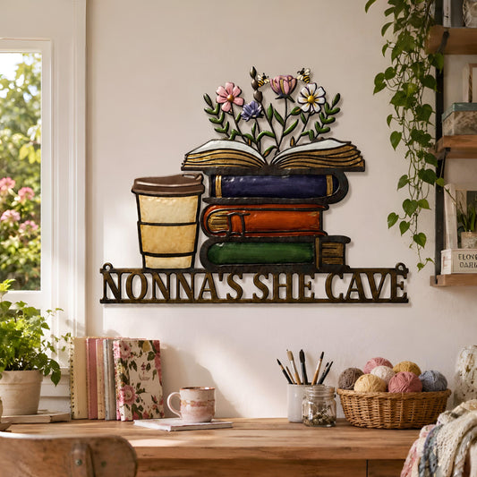 Personalized Books Lover Metal Sign, Custom She Cave Wall Art, Books and Flowers Decor, Cozy Home Library Decoration