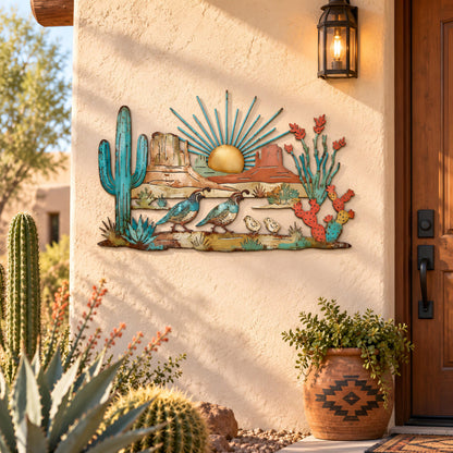 Quail Family Metal Wall Art, Southwestern Desert Metal Wall Art, Cactus and Quail Wall Decor, Outdoor Patio Decoration