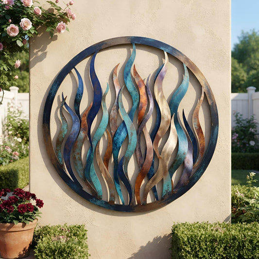 Sea Grass Metal Wall Art, Coastal Ocean Wall Decor, Blue Patina Round Metal Wall Art, Outdoor Garden Patio Decor