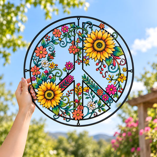 Peace Sign Floral Metal Wall Art, Sunflower Garden Decor, Colorful Outdoor Fence Hanging, Boho Flower Porch and Patio Decor