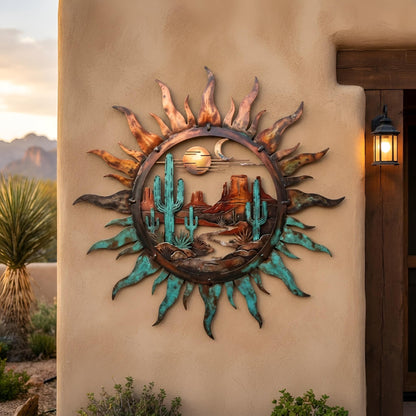 Southwestern Desert Metal Wall Art, Cactus Sun Decor, Rustic Western Outdoor Wall Hanging, Outdoor Patio Garden Decor