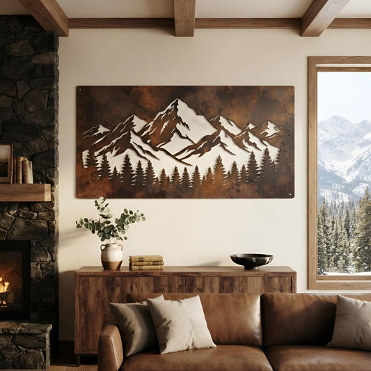 Rustic Mountain Metal Wall Art, Pine Tree Forest Sign, Cabin Wall Decor, Lodge Living Room Art, Nature Lover Gift, Mountain Home Gift