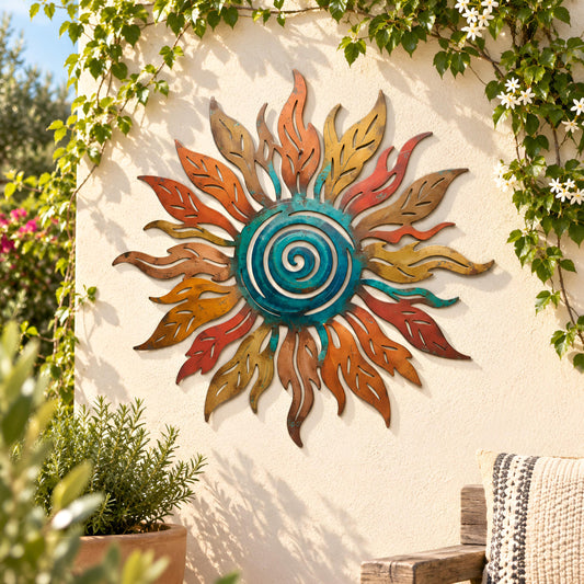 Rustic Sun Metal Wall Decor, Colorful Boho Outdoor Wall Art, Garden Patio Decoration, Southwestern Sunburst Hanging