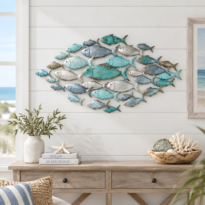 School of Fish Metal Wall Art, Coastal Ocean Wall Decor, Blue Fish Wall Hanging, Beach House Nautical Home Decoration