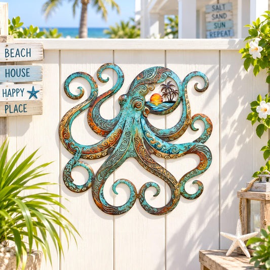 Octopus Metal Wall Art, Coastal Ocean Decor, Nautical Sea Life Sign, Beach House Wall Decor, Outdoor Patio Art , Sea Life Gift