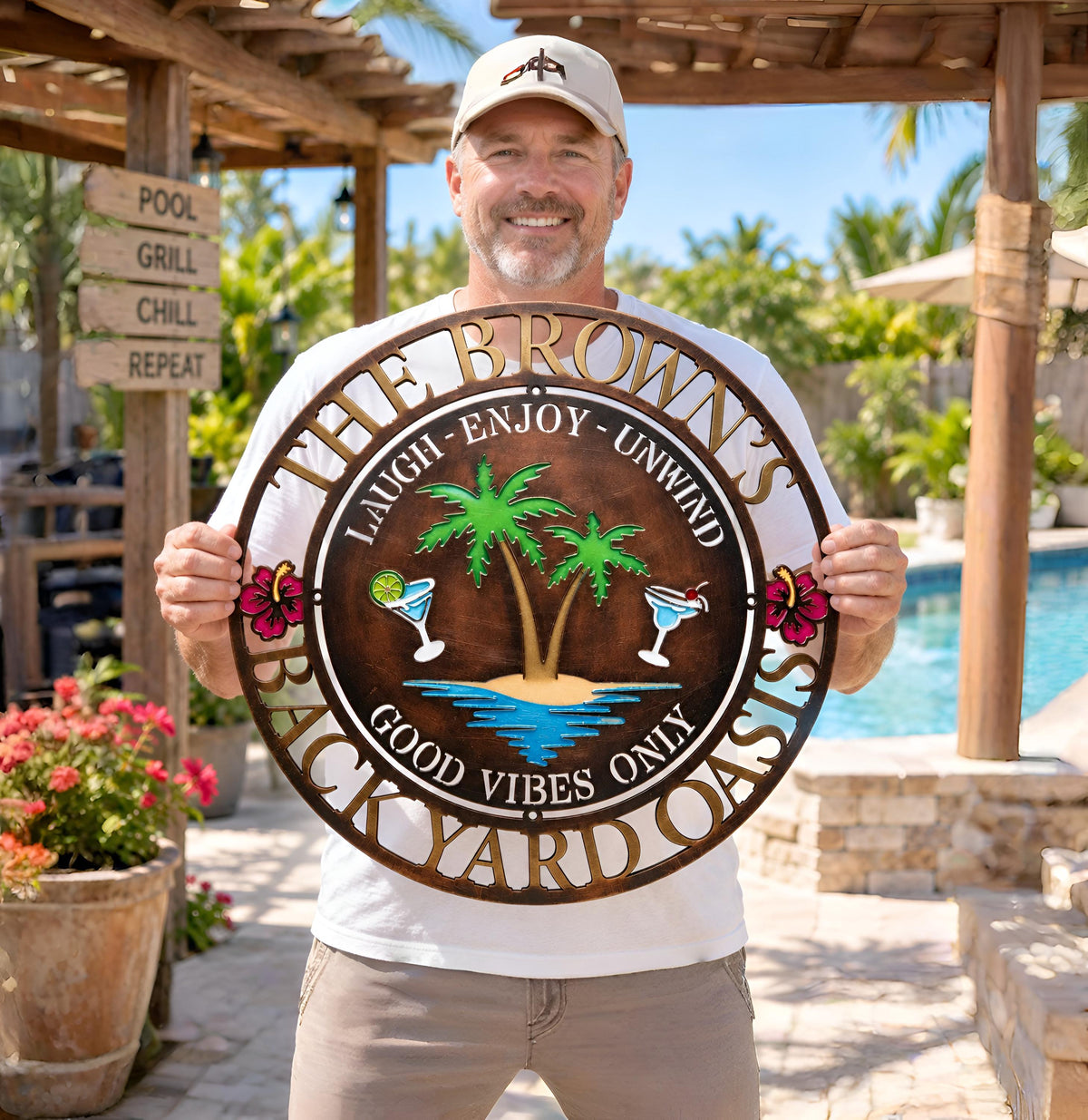Personalized Backyard Oasis Metal Sign, Custom Family Name Wall Art, Tropical Palm Tree Patio Decor, Outdoor Pool Bar Sign