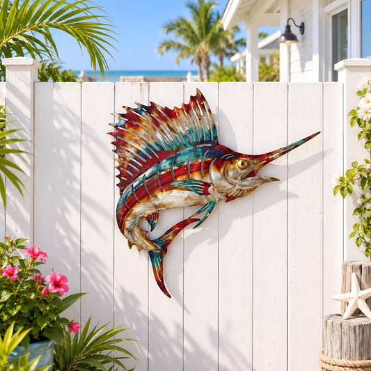 Sailfish Metal Wall Art, Colorful Marlin Fish Decor, Coastal Beach House Wall Art, Nautical Outdoor Patio Decor, Fishing Gift