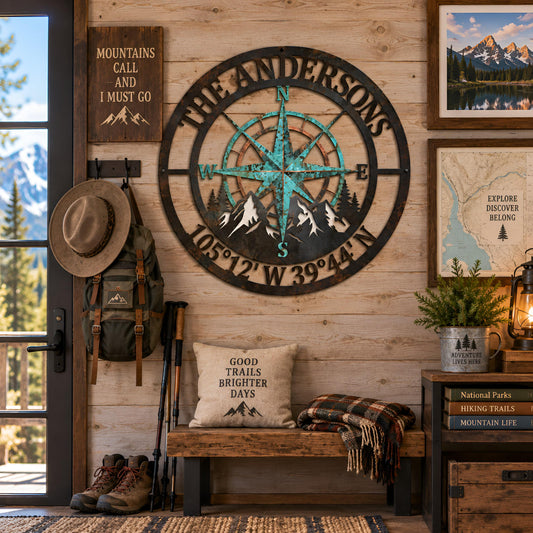 Personalized Compass Metal Sign, Custom Family Name Sign,Coordinates Sign, Mountain Cabin Decor, Outdoor Family Sign, Outdoor Cabin Gift