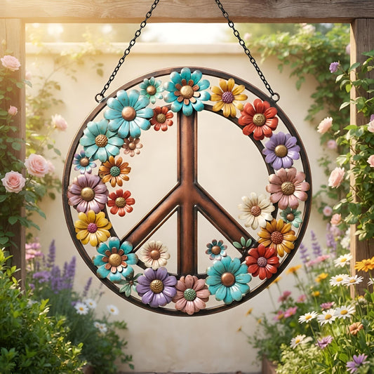 Floral Peace Sign Metal Wall Art, Colorful Garden Decor, Boho Outdoor Wall Hanging, Patio Porch Flower Decoration