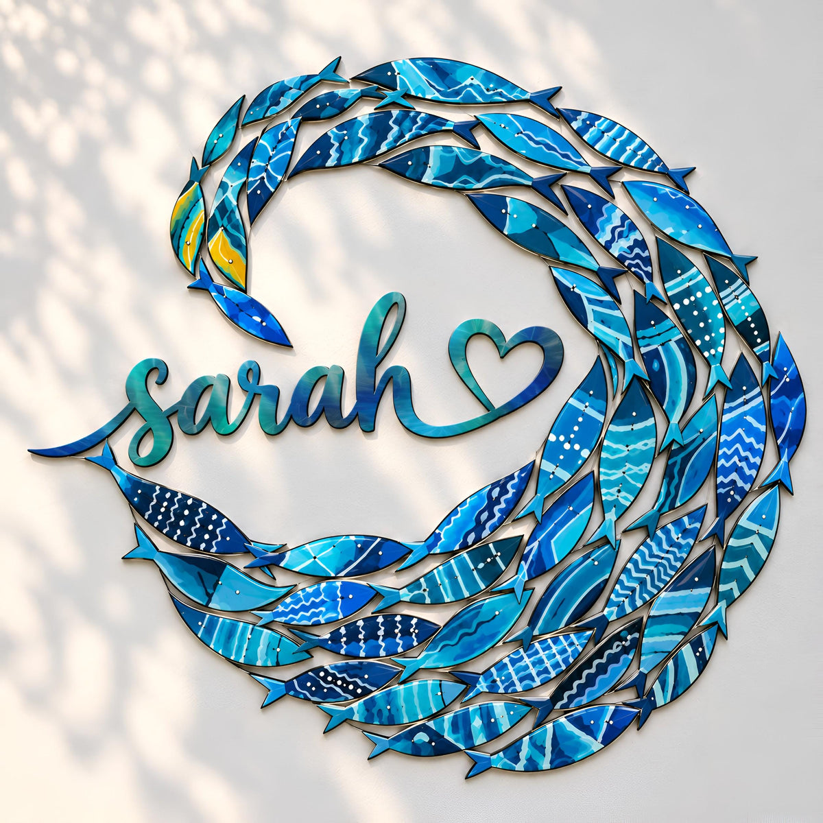 Personalized School of Fish Metal Wall Art, Custom Name Sign, Coastal Ocean Decor, Blue School of Fish, Beach House Wall Hanging