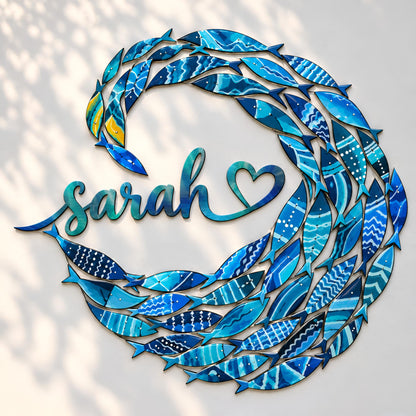 Personalized School of Fish Metal Wall Art, Custom Name Sign, Coastal Ocean Decor, Blue School of Fish, Beach House Wall Hanging