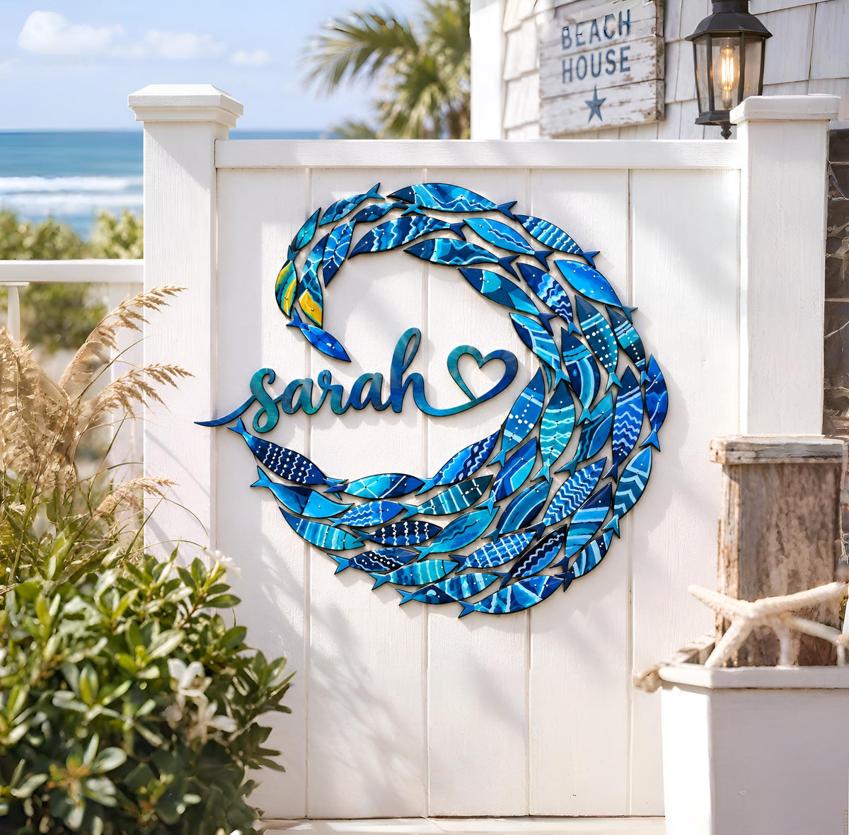 Personalized School of Fish Metal Wall Art, Custom Name Sign, Coastal Ocean Decor, Blue School of Fish, Beach House Wall Hanging