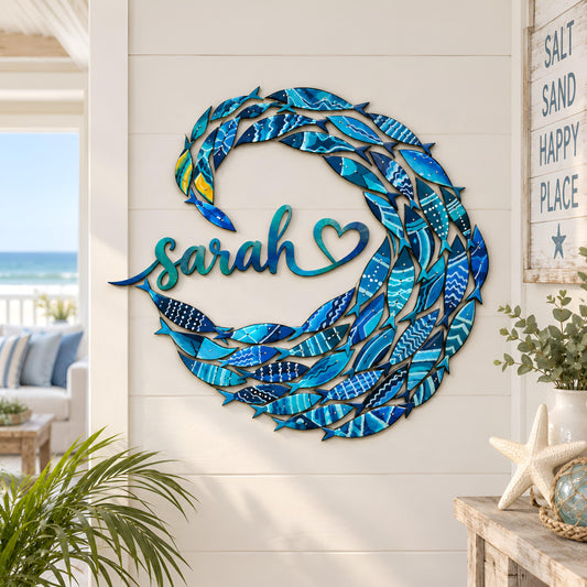 Personalized School of Fish Metal Wall Art, Custom Name Sign, Coastal Ocean Decor, Blue School of Fish, Beach House Wall Hanging