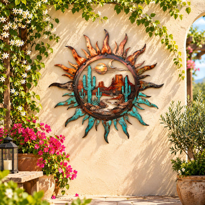 Southwestern Desert Metal Wall Art, Cactus Sun Decor, Rustic Western Outdoor Wall Hanging, Outdoor Patio Garden Decor